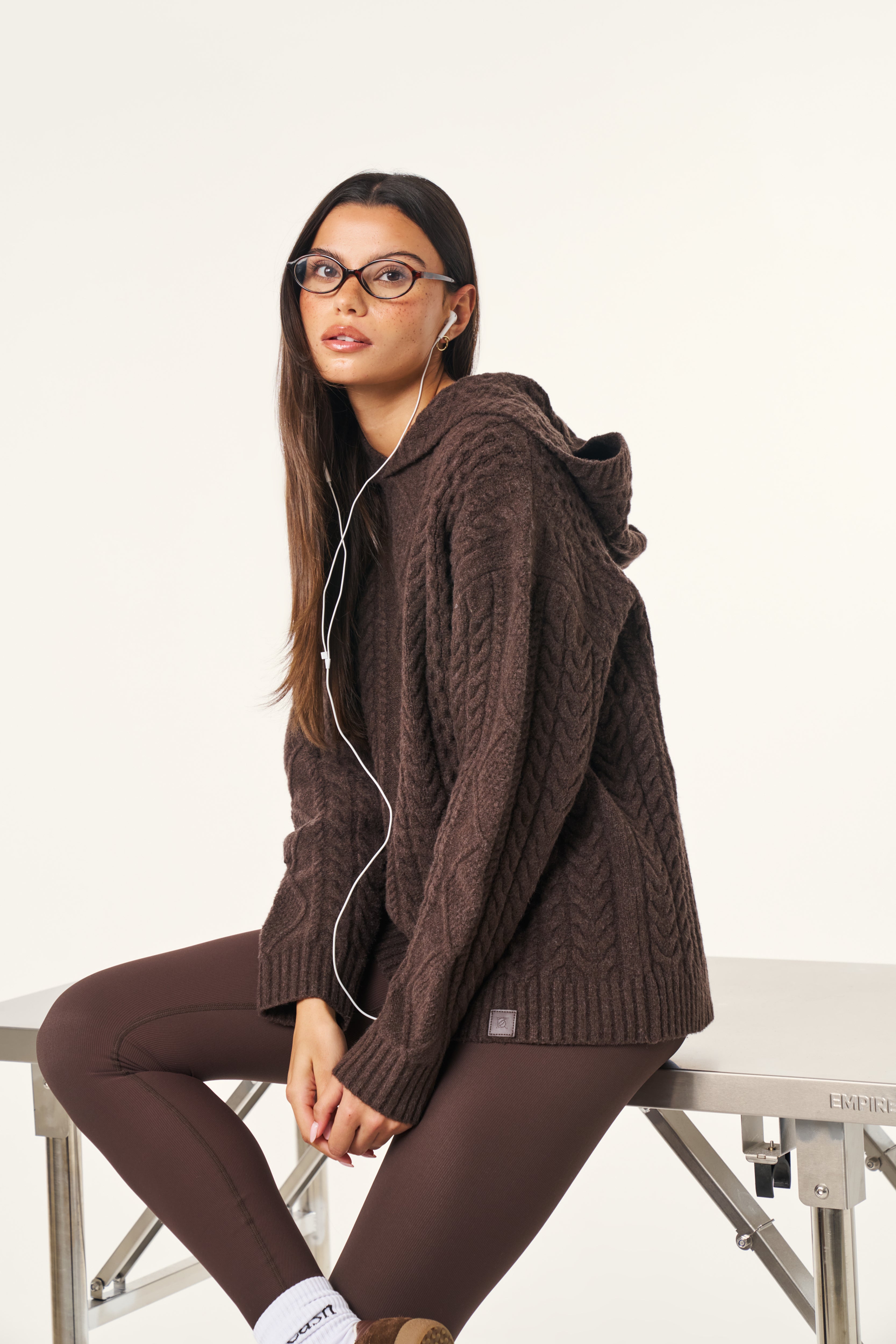 Chunky Cable Premium Knitted Hoodie - Espresso