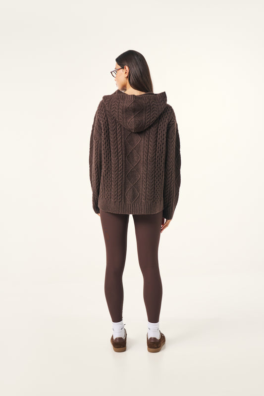Chunky Cable Premium Knitted Hoodie - Espresso