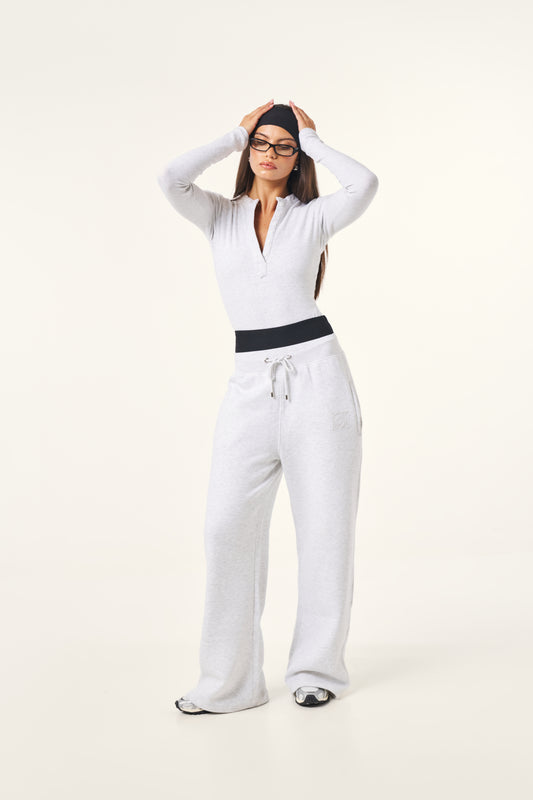High Waist Wide Leg Joggers - Grey Marl