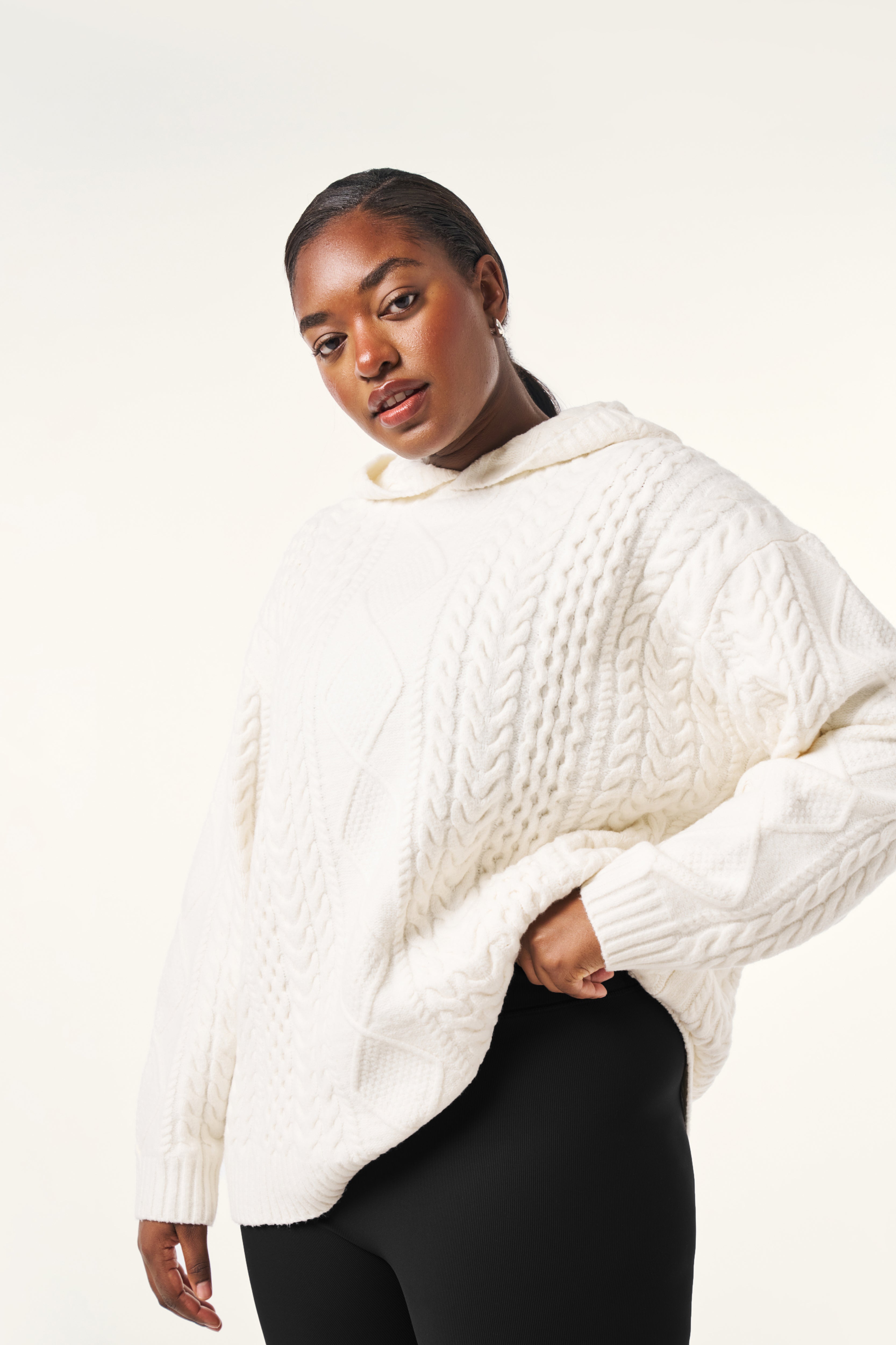 Chunky Cable Premium Knitted Hoodie - Crème