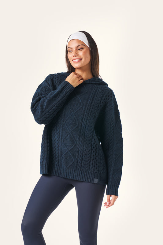 Chunky Cable Premium Knitted Hoodie - Midnight Blue