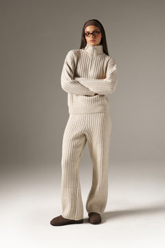 Wide Rib High Waist Knitted Trousers - Oatmeal
