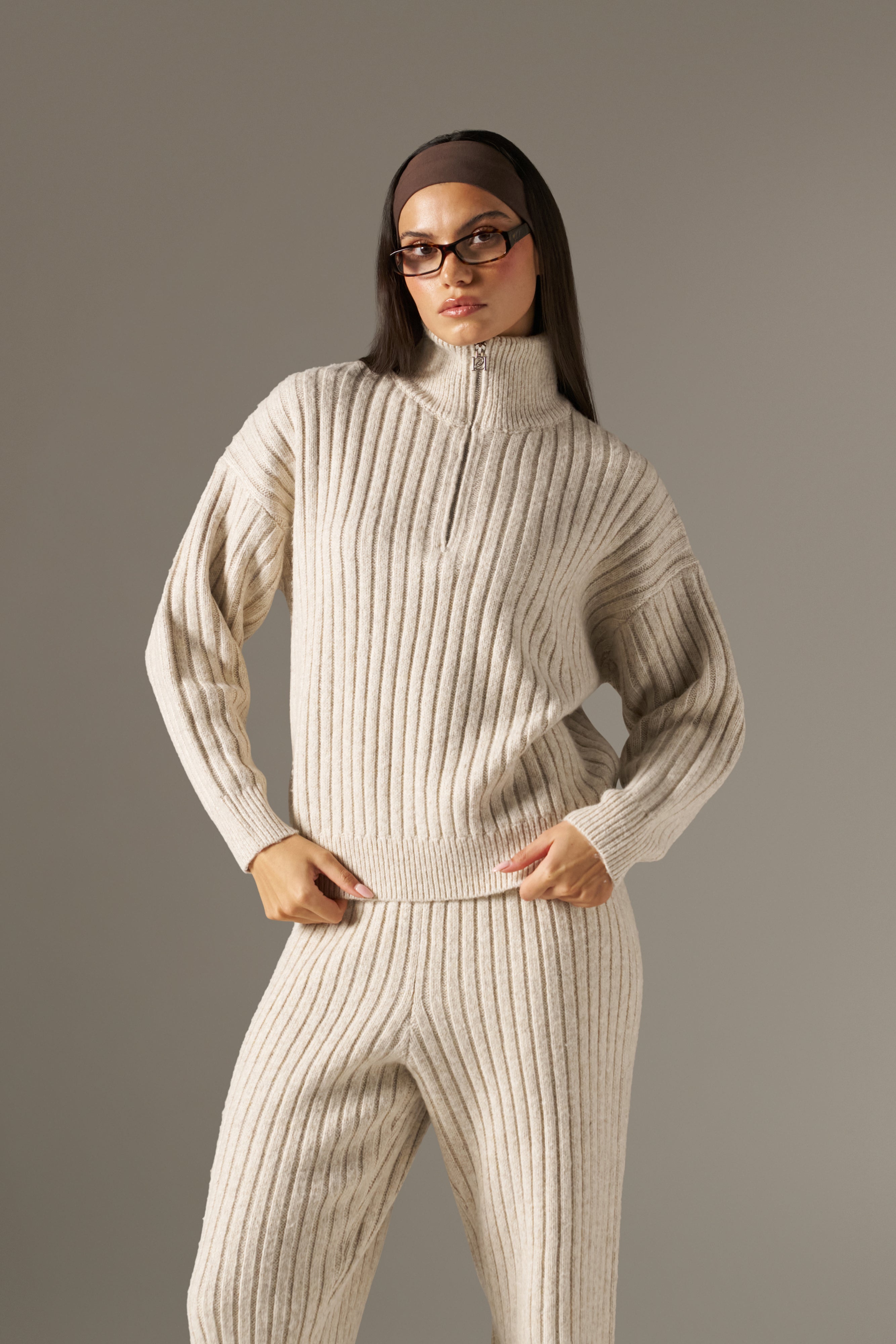 Wide Rib Quarter Zip Knitted Jumper - Oatmeal – reasn