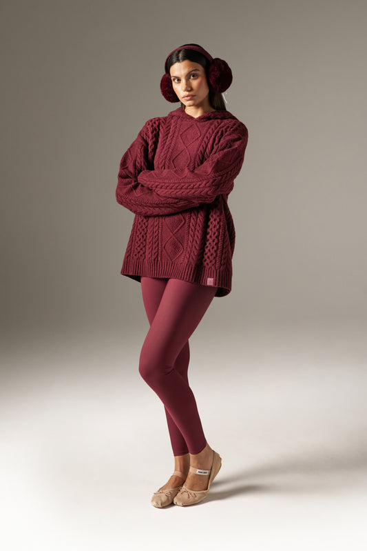 Chunky Cable Premium Knit Hoodie - Dark Cherry
