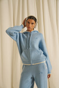 Contrast Tipping Knitted Zip Through Hoodie - Powder Blue