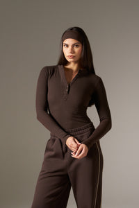 Rib Button Front Built In Bra Bodysuit - Espresso