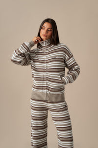 Stripe Knitted Funnel Neck Jacket - Olive Stone