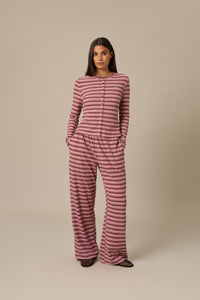 Fleece Stripe High Waist Wide Leg Trousers - Berry Pink