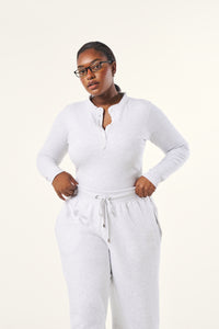 Ribbed Button Front Built in Bra Bodysuit - Grey Marl