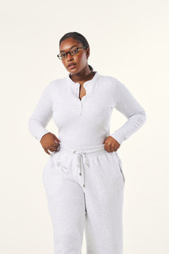Ribbed Button Front Built in Bra Bodysuit - Grey Marl