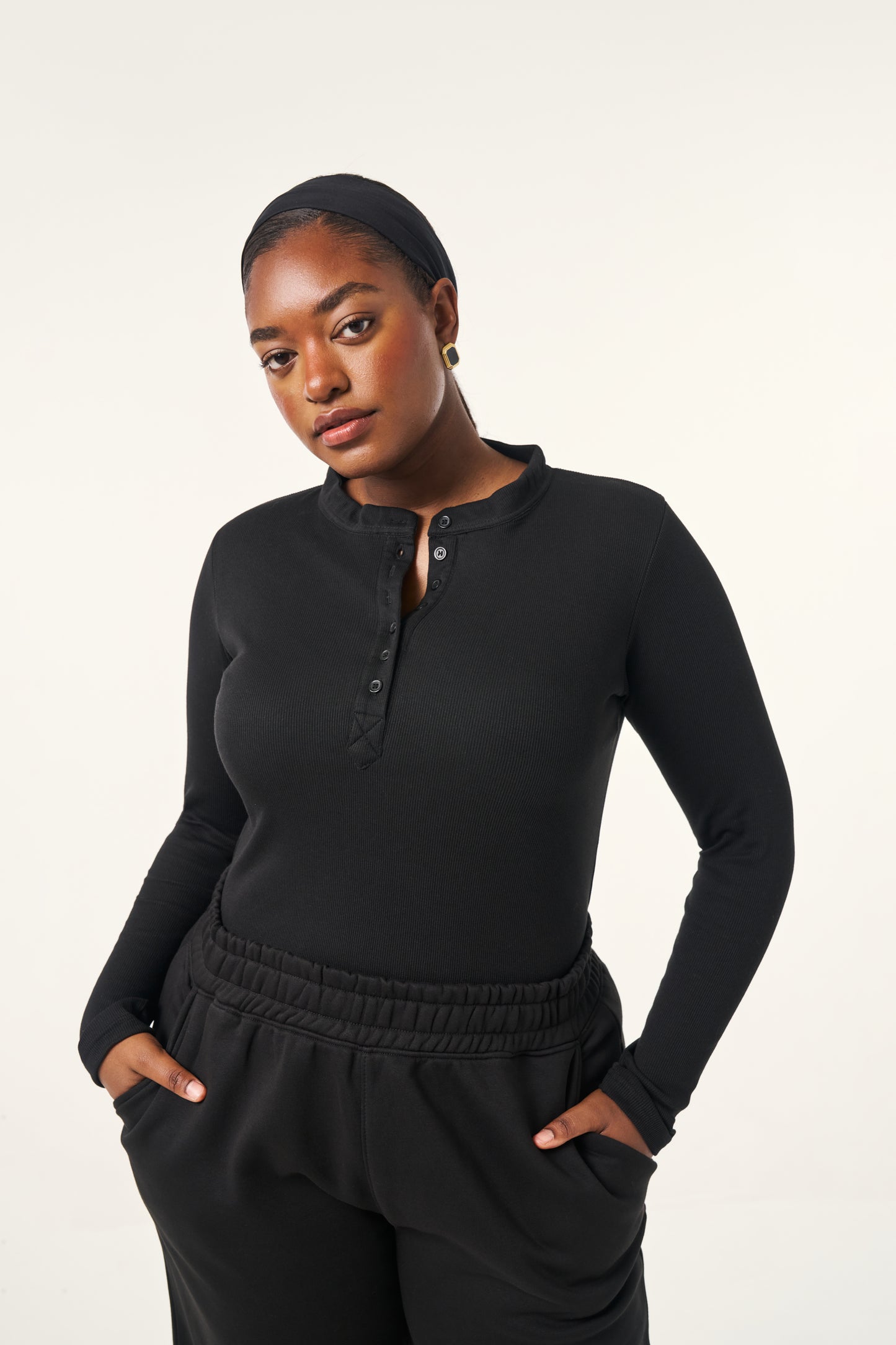 Ribbed Button Front Built in Bra Bodysuit - Core Black