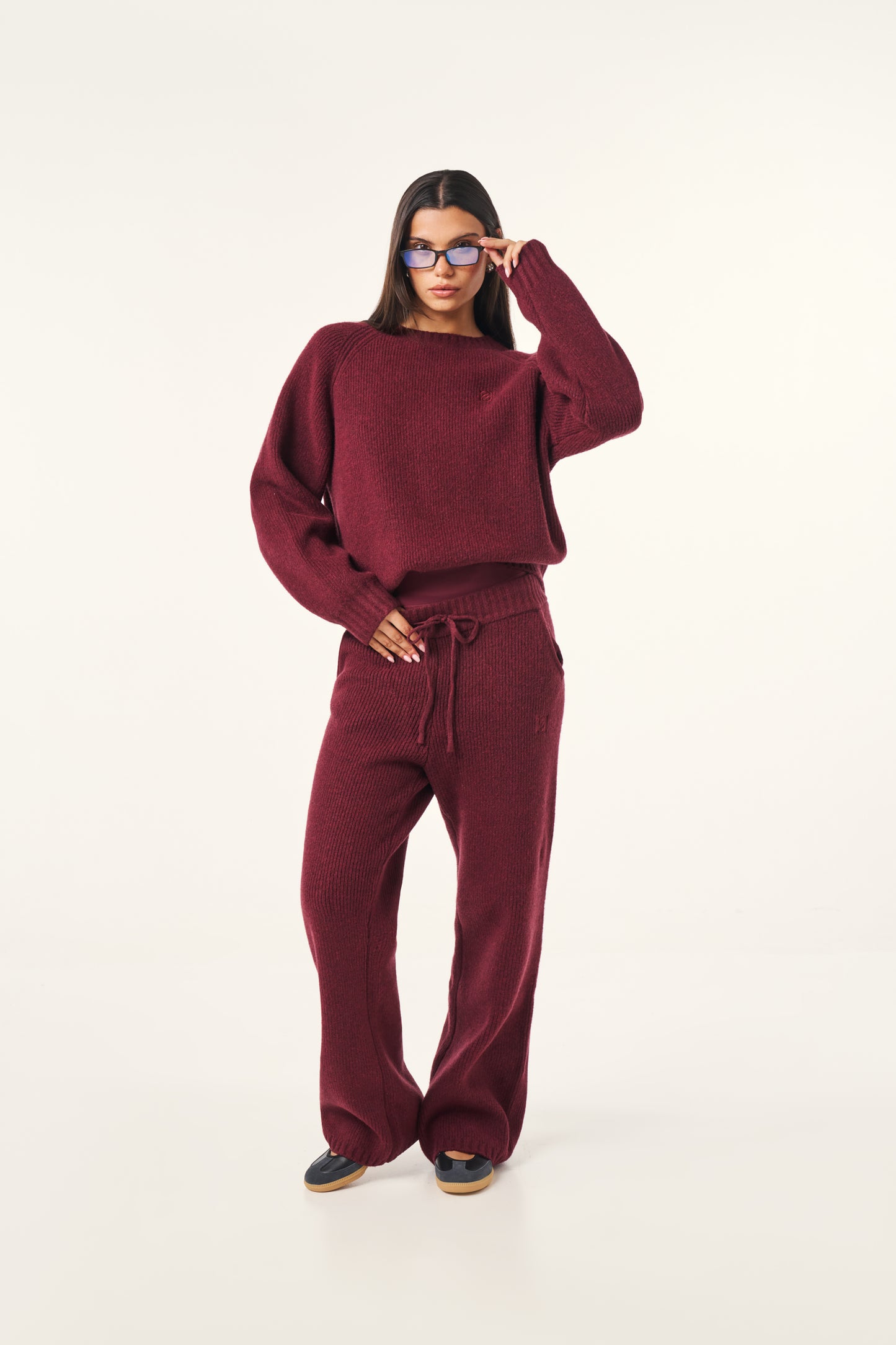 Wide Leg Premium Knitted Trousers - Dark Cherry