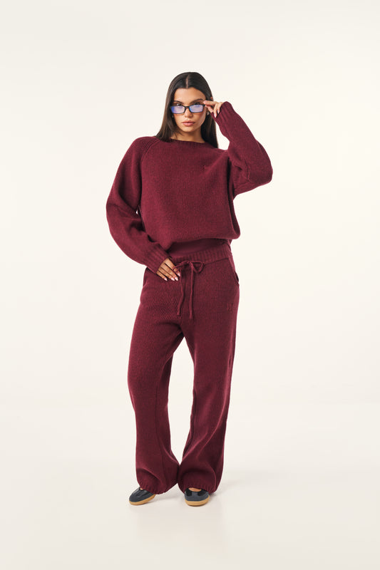Oversized Premium Crew Neck Knitted Jumper - Dark Cherry