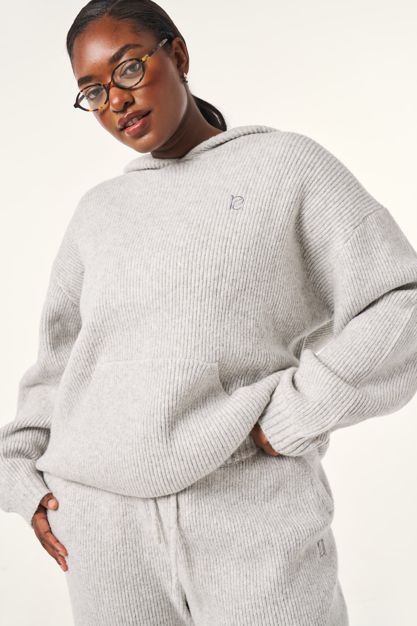Oversized Premium Knitted Hoodie - Grey Marl