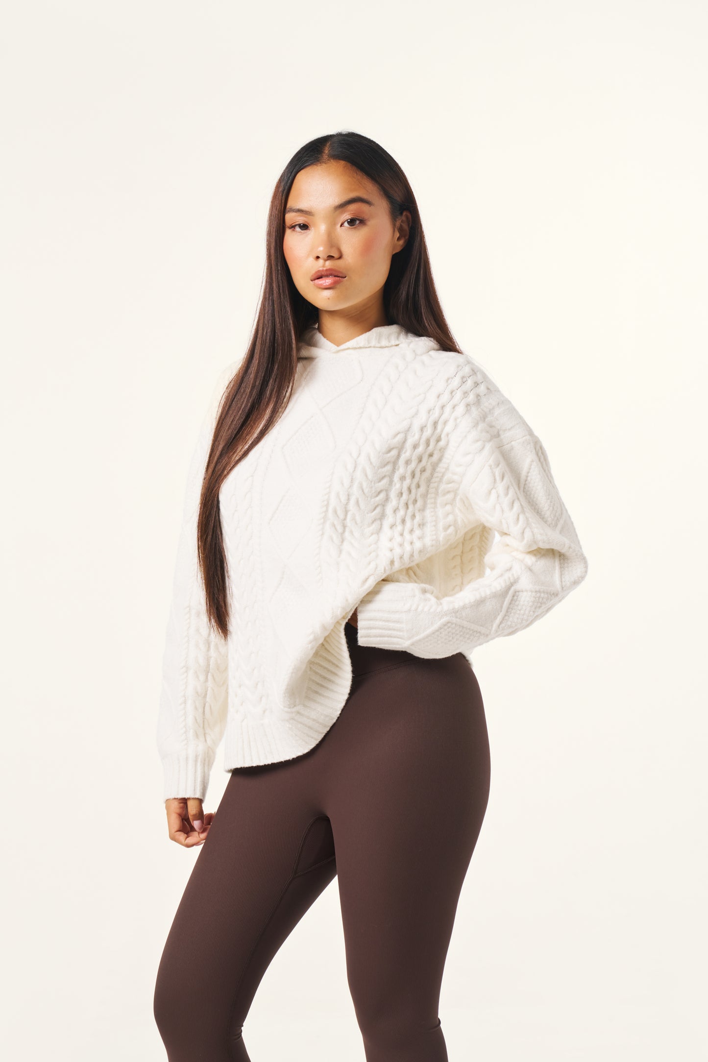 Chunky Cable Premium Knitted Hoodie - Crème