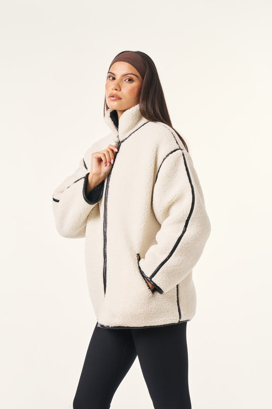 Reversible Borg Zip Through Jacket - Crème
