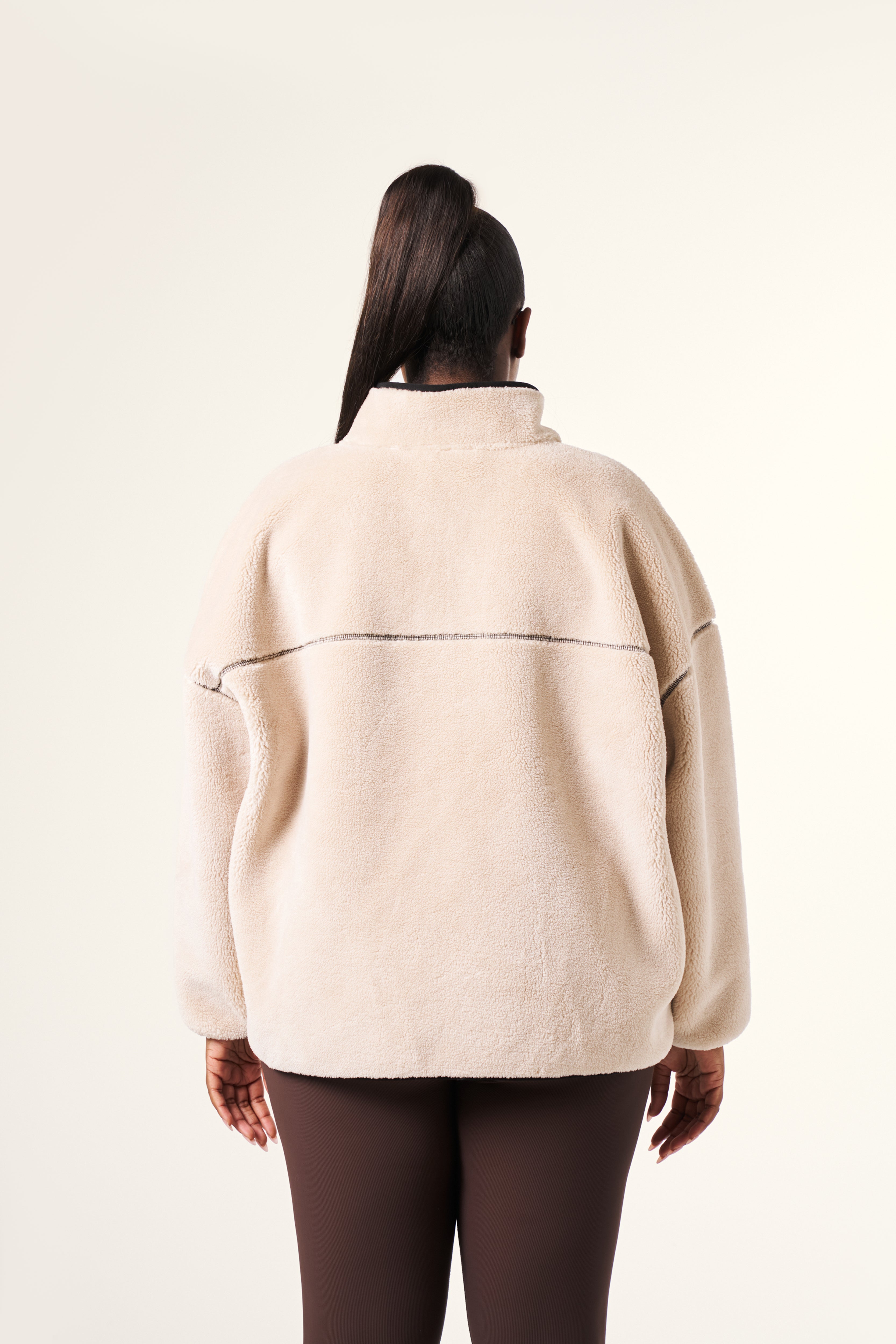 Oversized Contrast Seam Zip Through Borg Jacket - Crème – reasn
