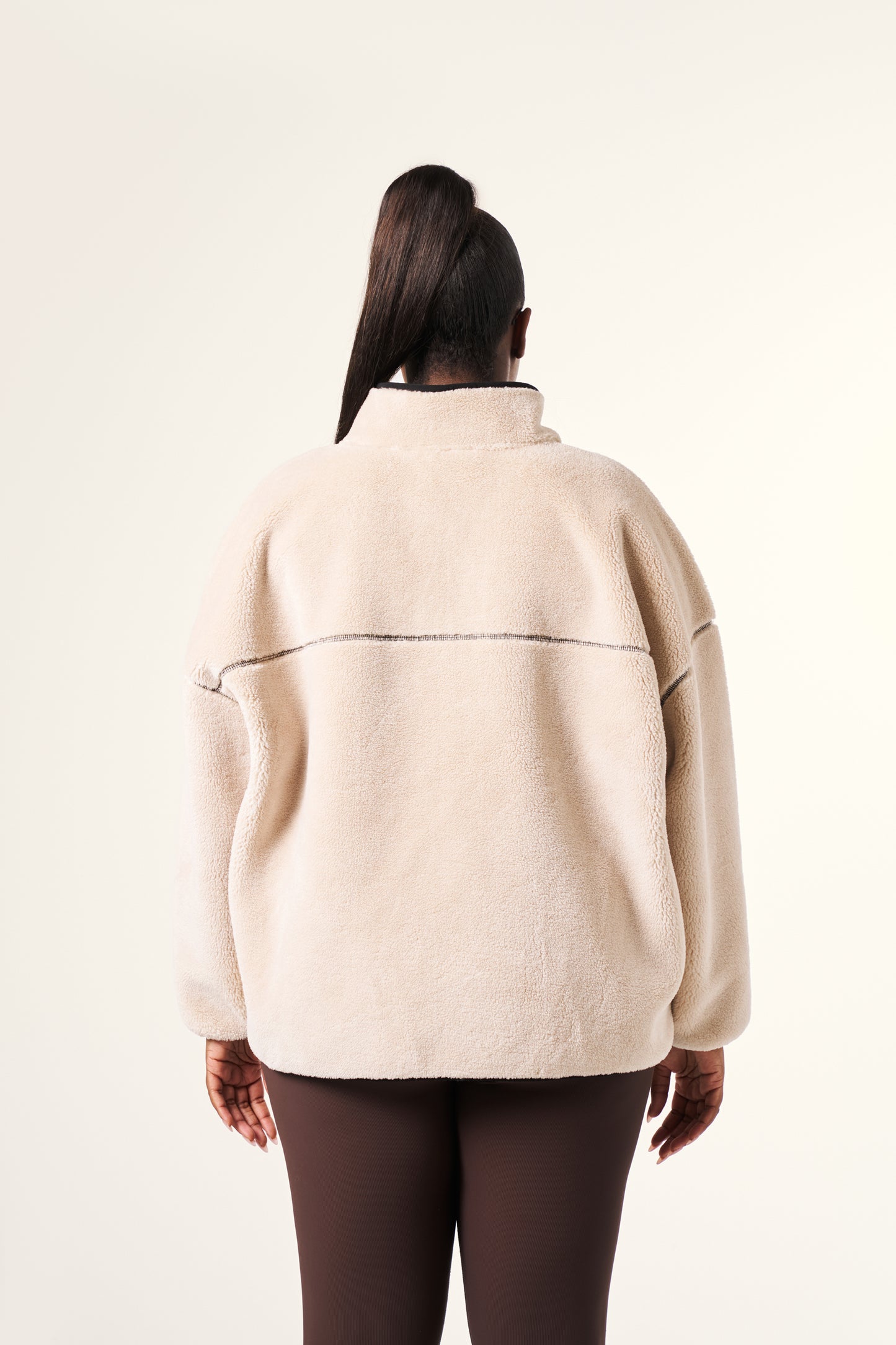 Oversized Contrast Seam Zip Through Borg Jacket - Crème