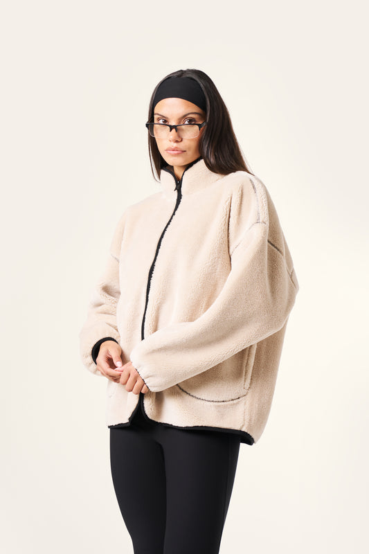 Oversized Contrast Seam Zip Through Borg Jacket - Crème