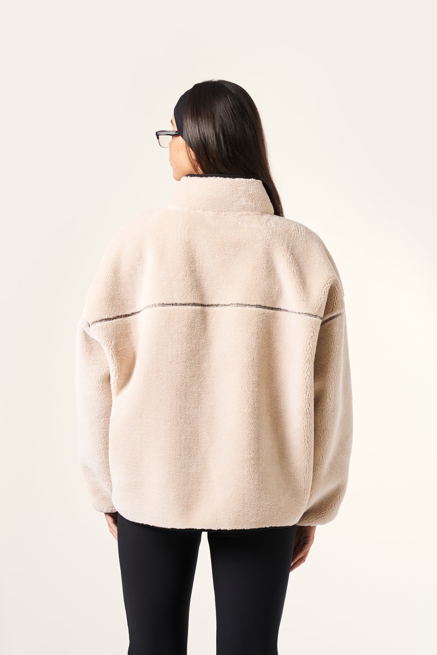 Oversized Contrast Seam Zip Through Borg Jacket - Crème