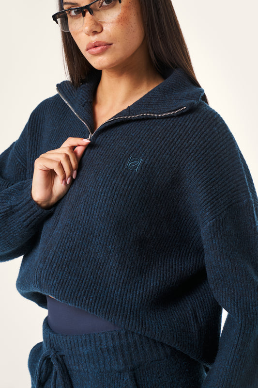 Zip Through Premium Knitted Jacket - Midnight Blue