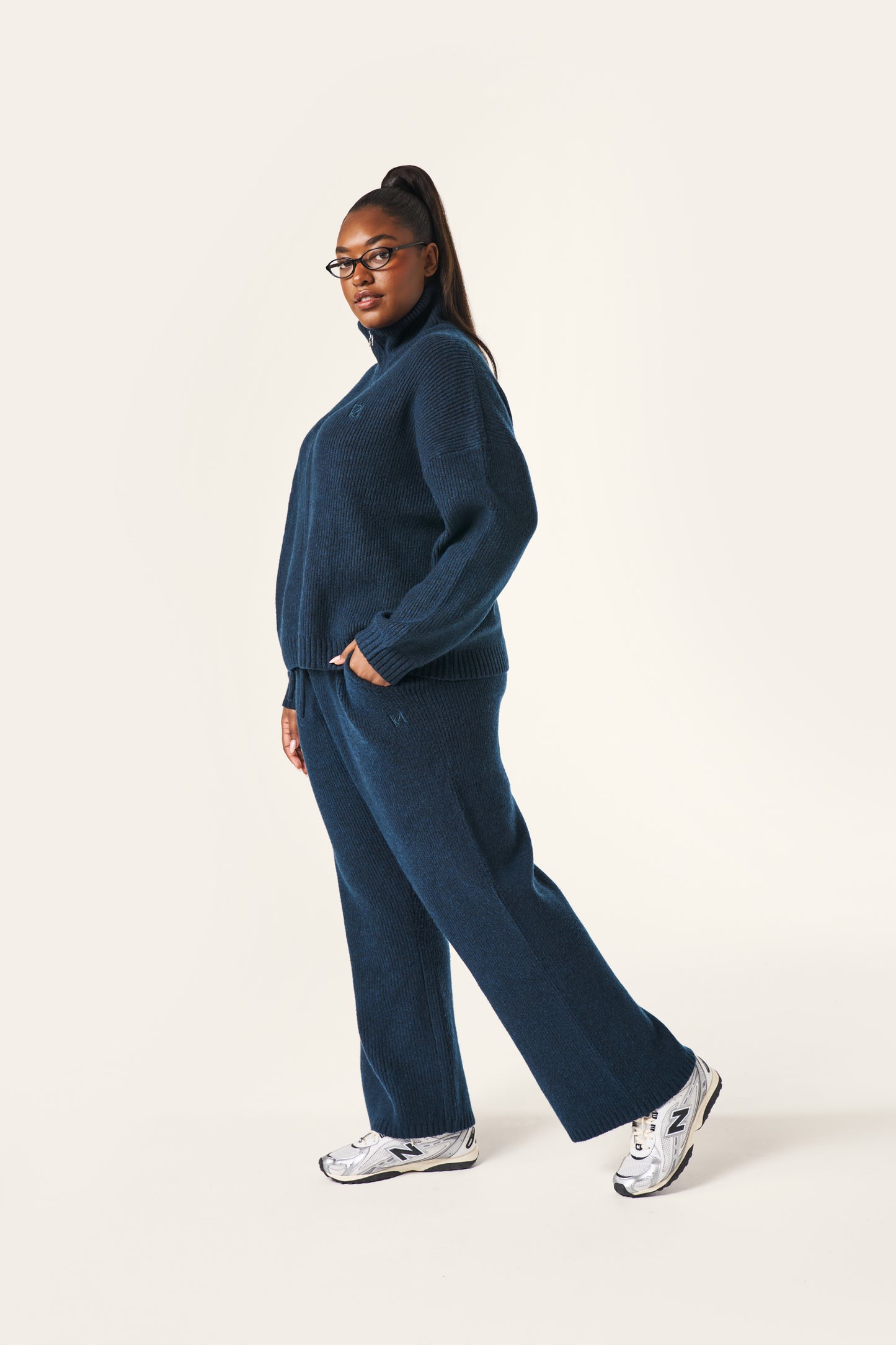Wide Leg Premium Knitted Trousers - Midnight Blue