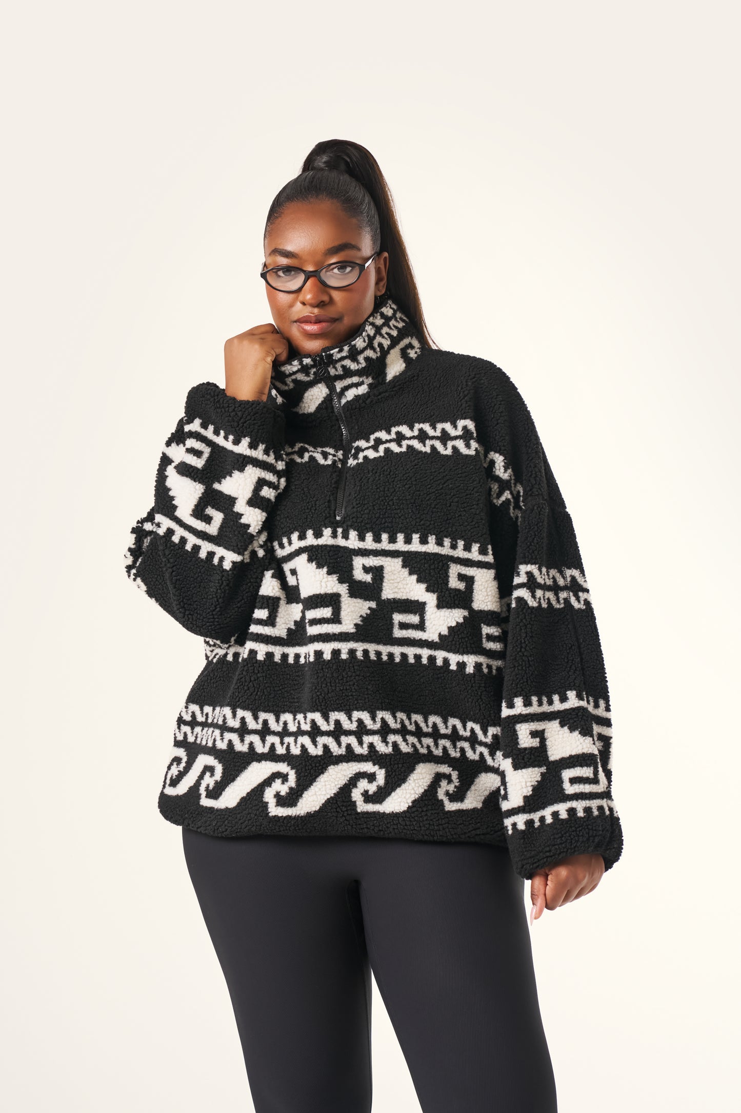 Aztec Detail Quarter Zip Borg Sweatshirt - Core Black