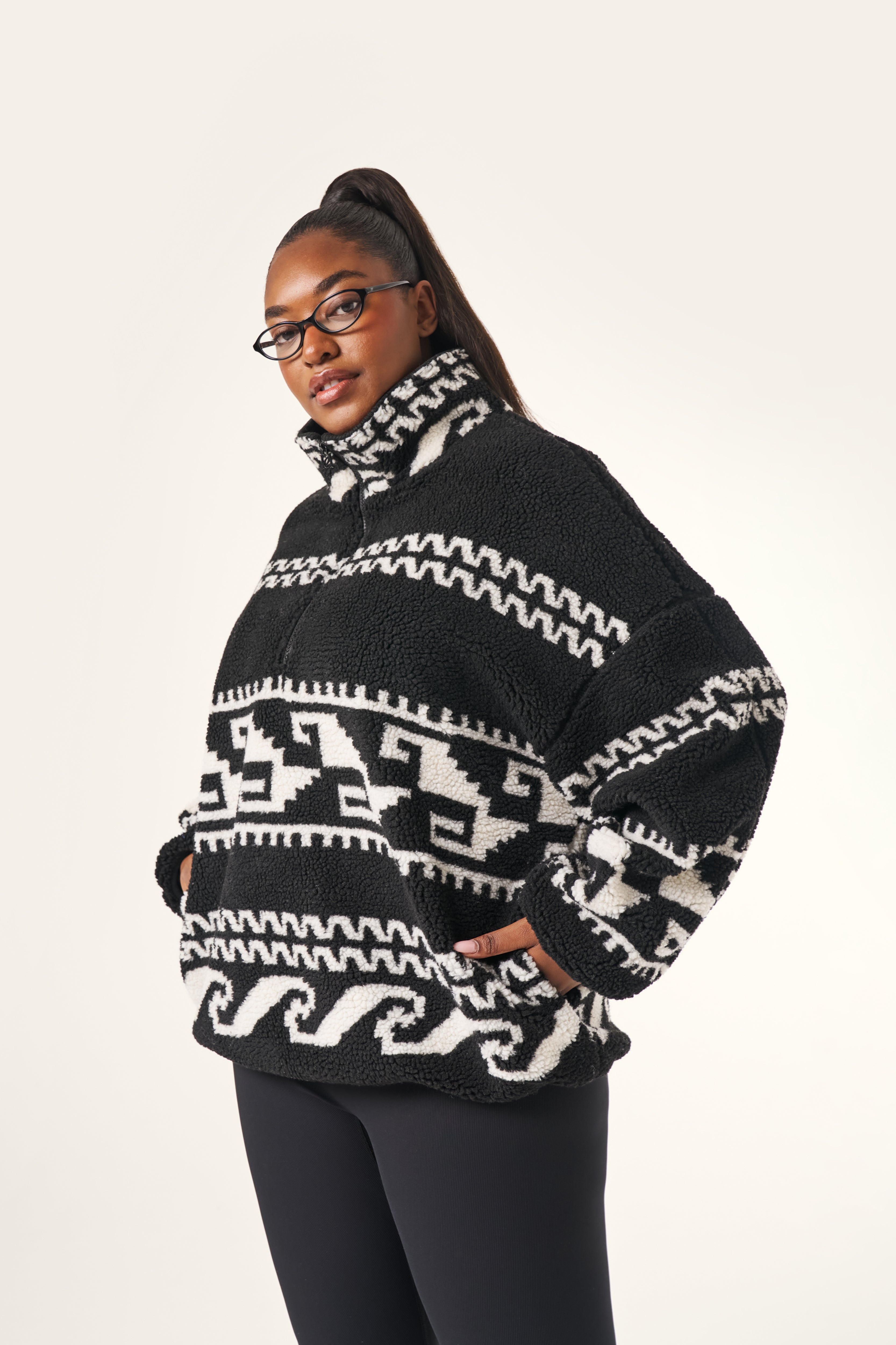 Aztec Detail Quarter Zip Borg Sweatshirt - Core Black – reasn