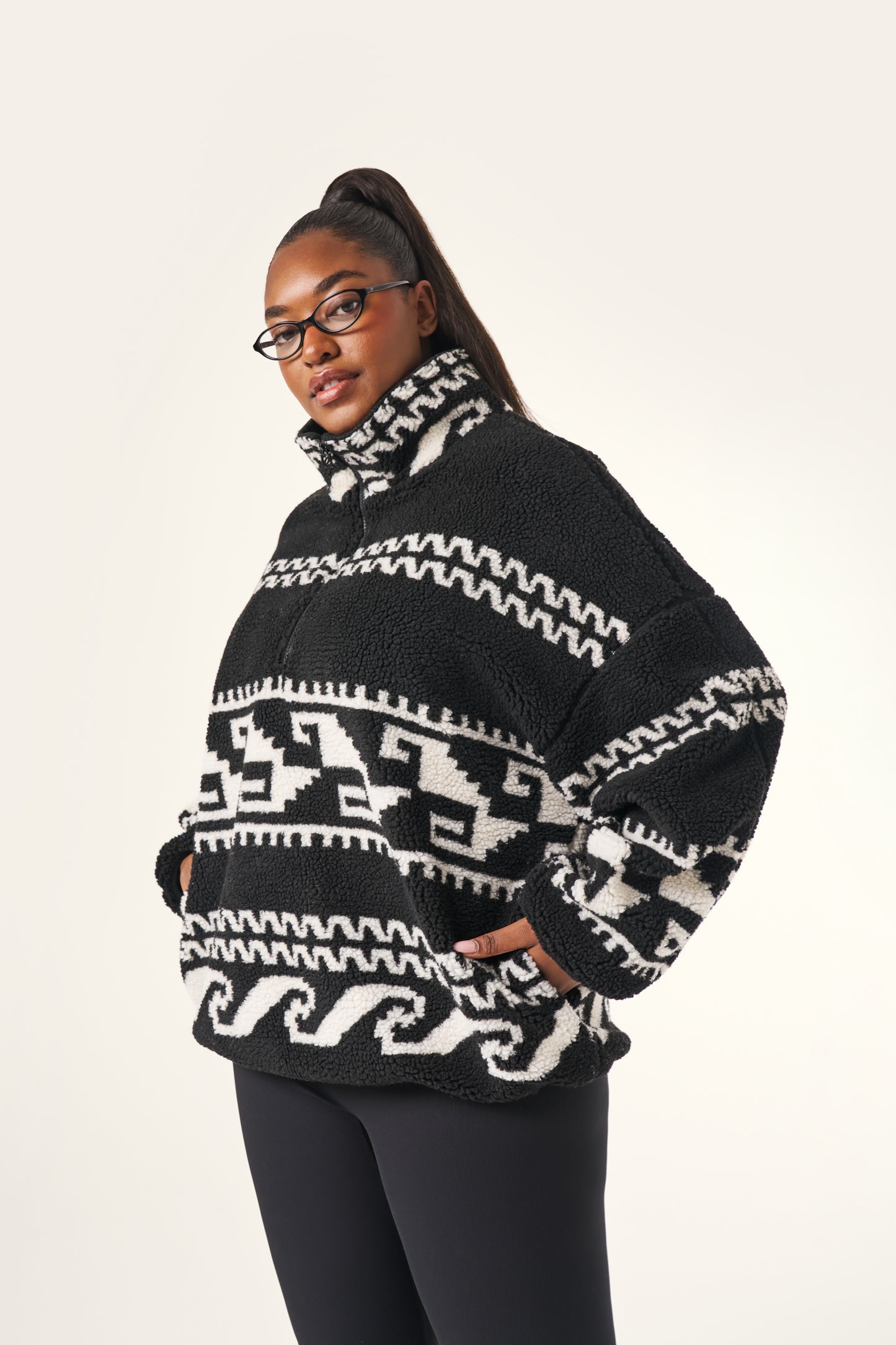 Aztec Detail Quarter Zip Borg Sweatshirt - Core Black