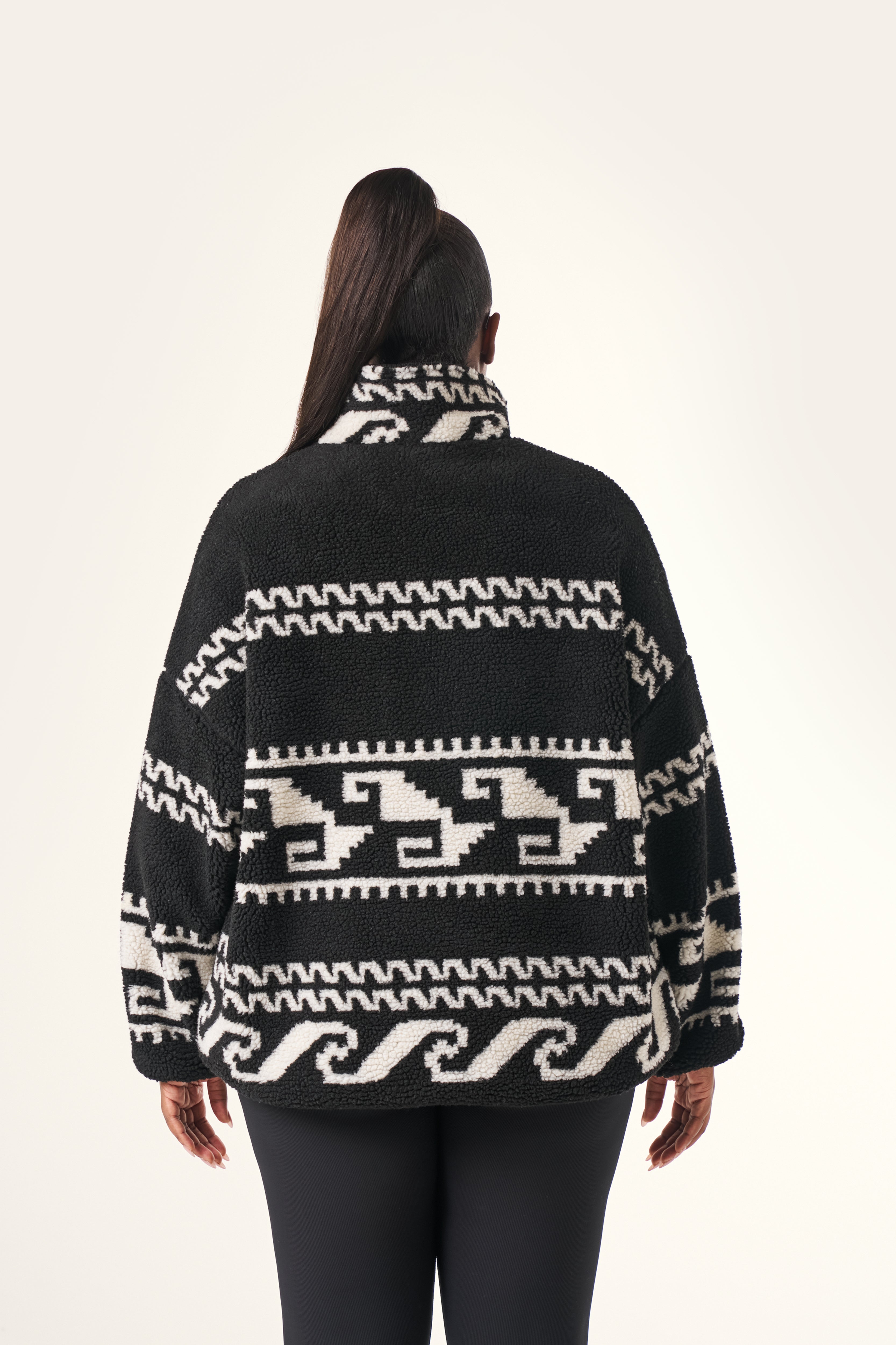 Aztec Detail Quarter Zip Borg Sweatshirt - Core Black – reasn