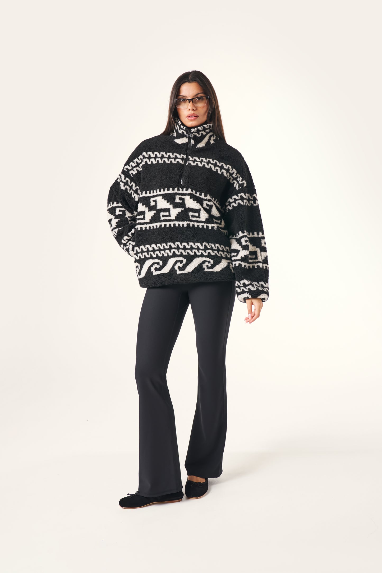 Aztec Detail Quarter Zip Borg Sweatshirt - Core Black