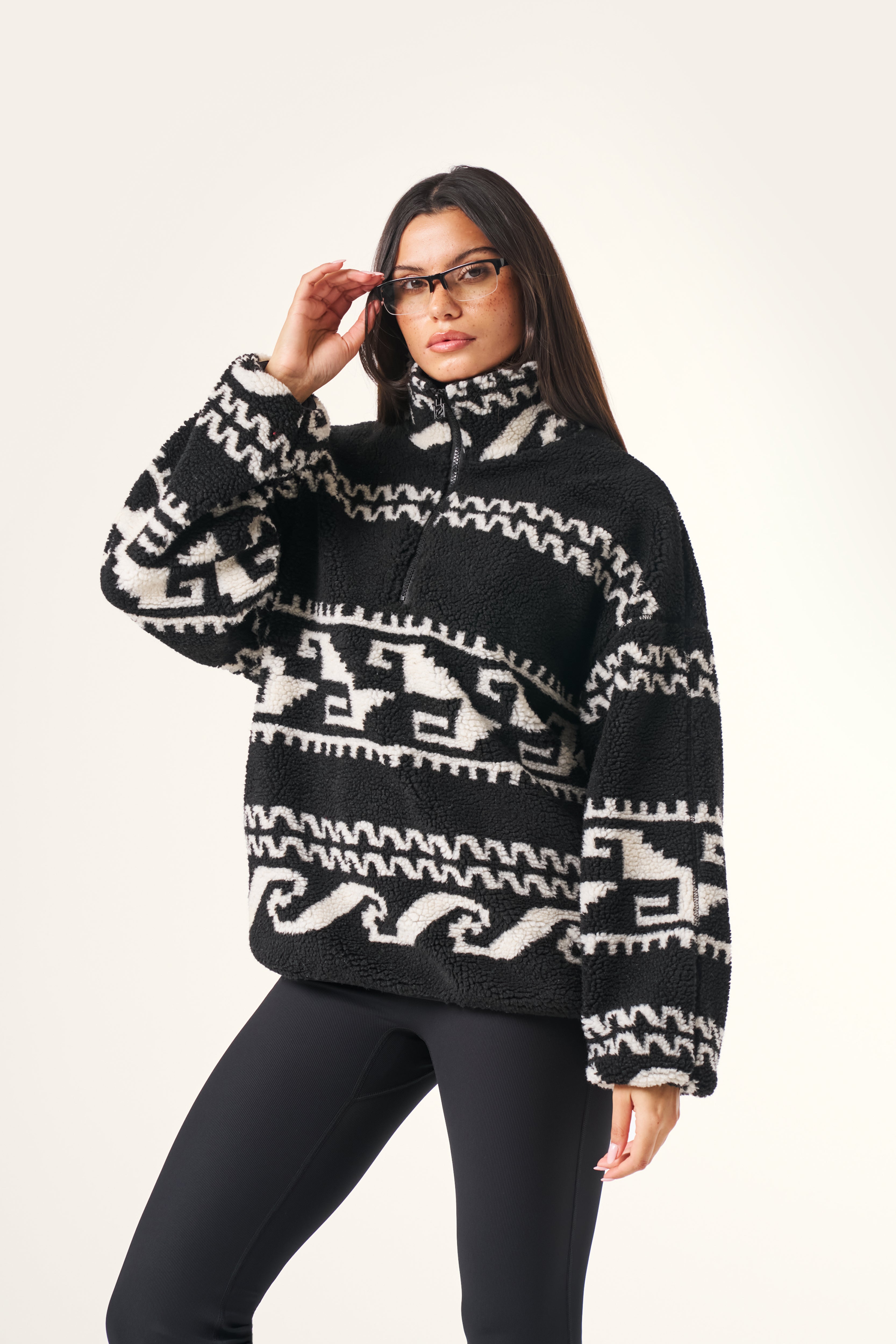 Aztec Detail Quarter Zip Borg Sweatshirt - Core Black – reasn