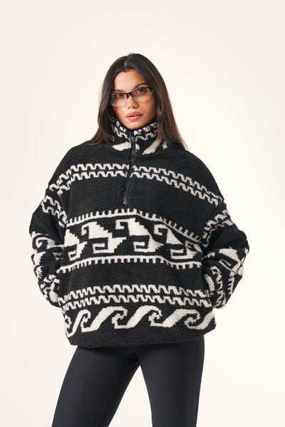 Aztec Detail Quarter Zip Borg Sweatshirt - Core Black