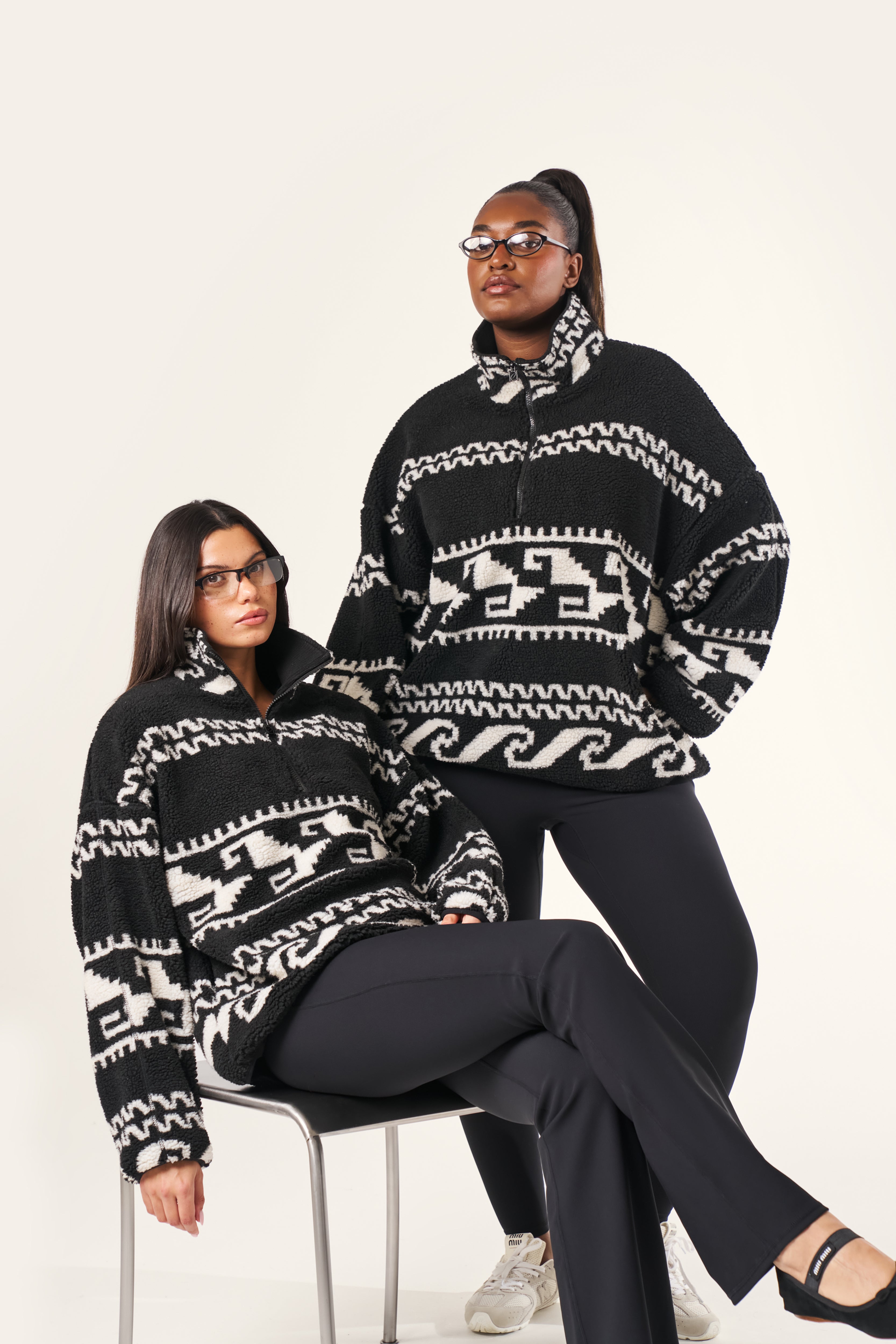 Aztec Detail Quarter Zip Borg Sweatshirt - Core Black – reasn