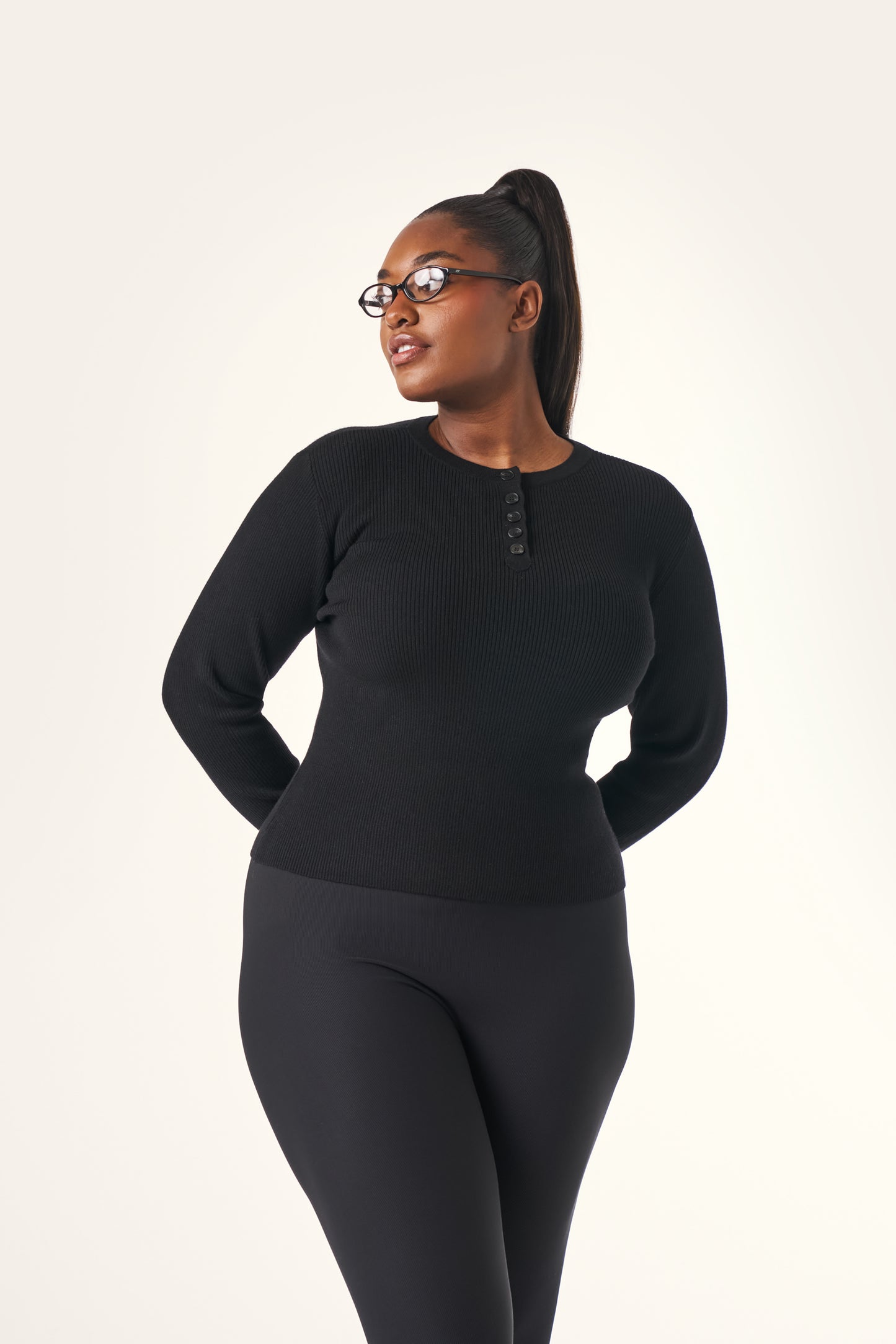 Rib Knit Button Front Long Sleeve Top - Core Black