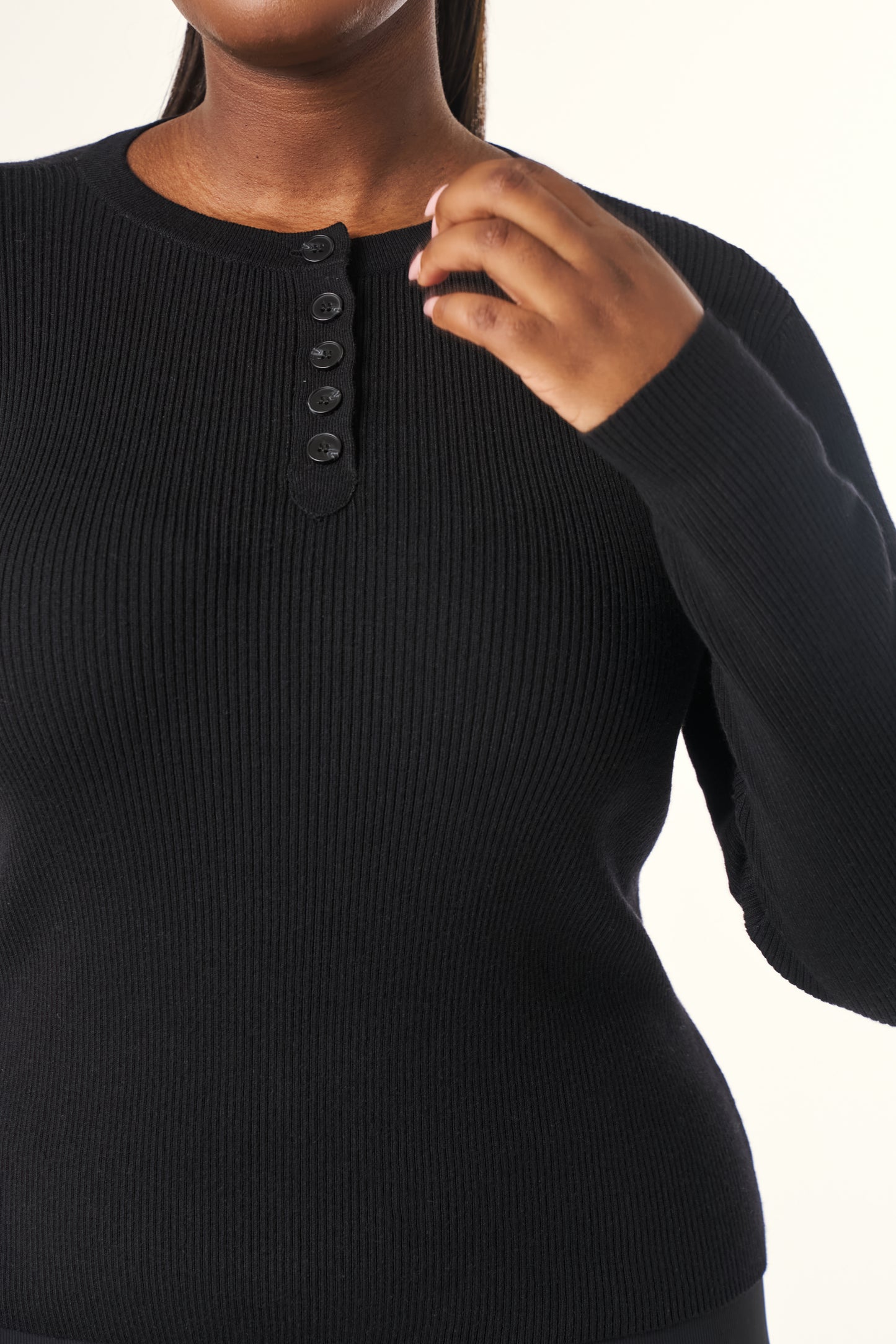 Rib Knit Button Front Long Sleeve Top - Core Black