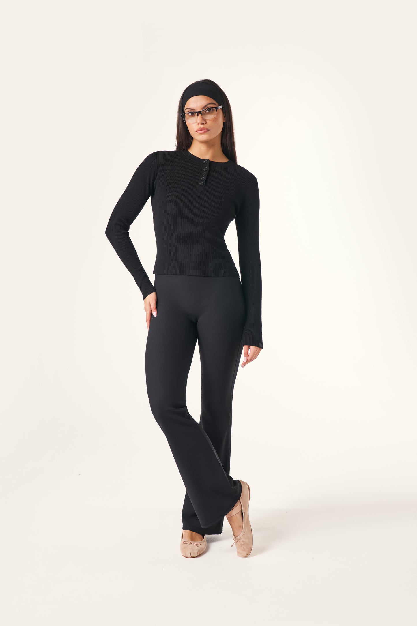 Rib Knit Button Front Long Sleeve Top - Core Black