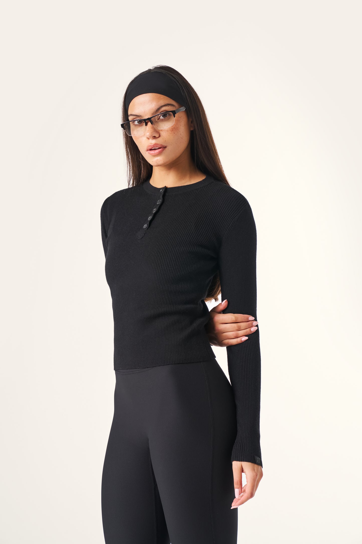 Rib Knit Button Front Long Sleeve Top - Core Black