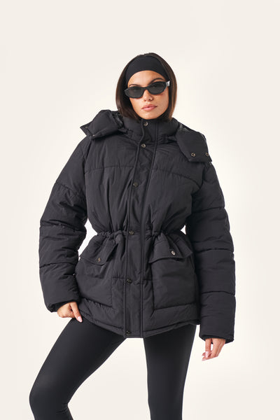 Cinched Waist Puffer Coat - Core Black
