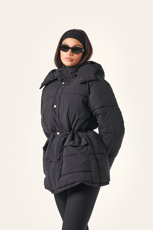 Cinched Waist Puffer Coat - Core Black