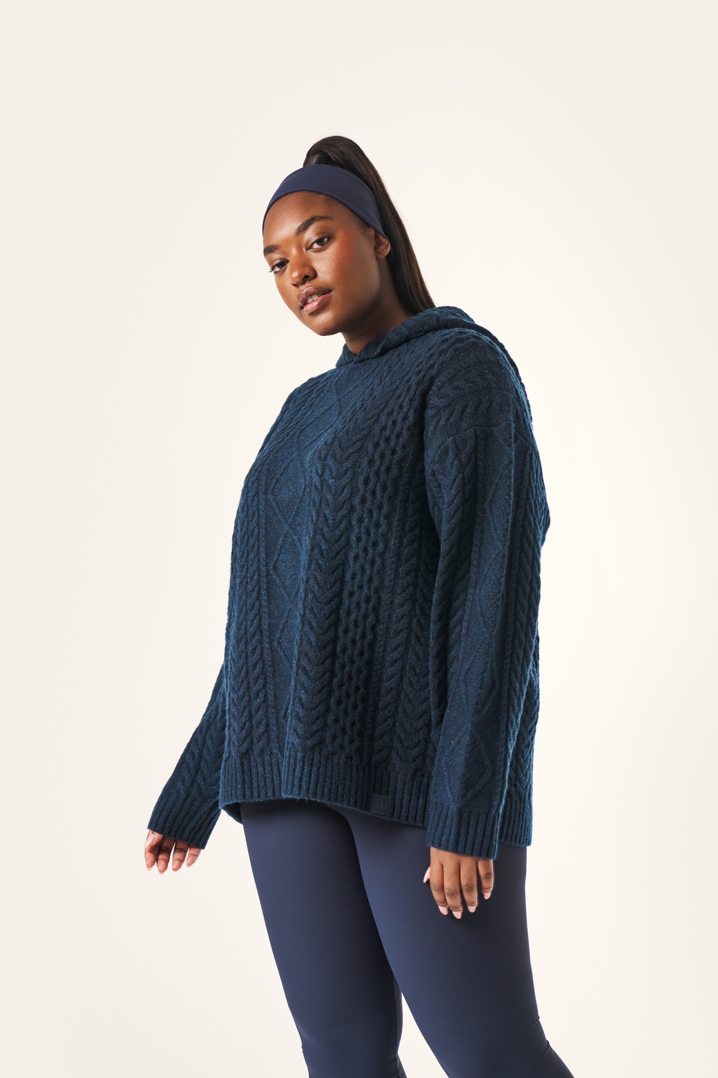 Chunky Cable Premium Knitted Hoodie - Midnight Blue