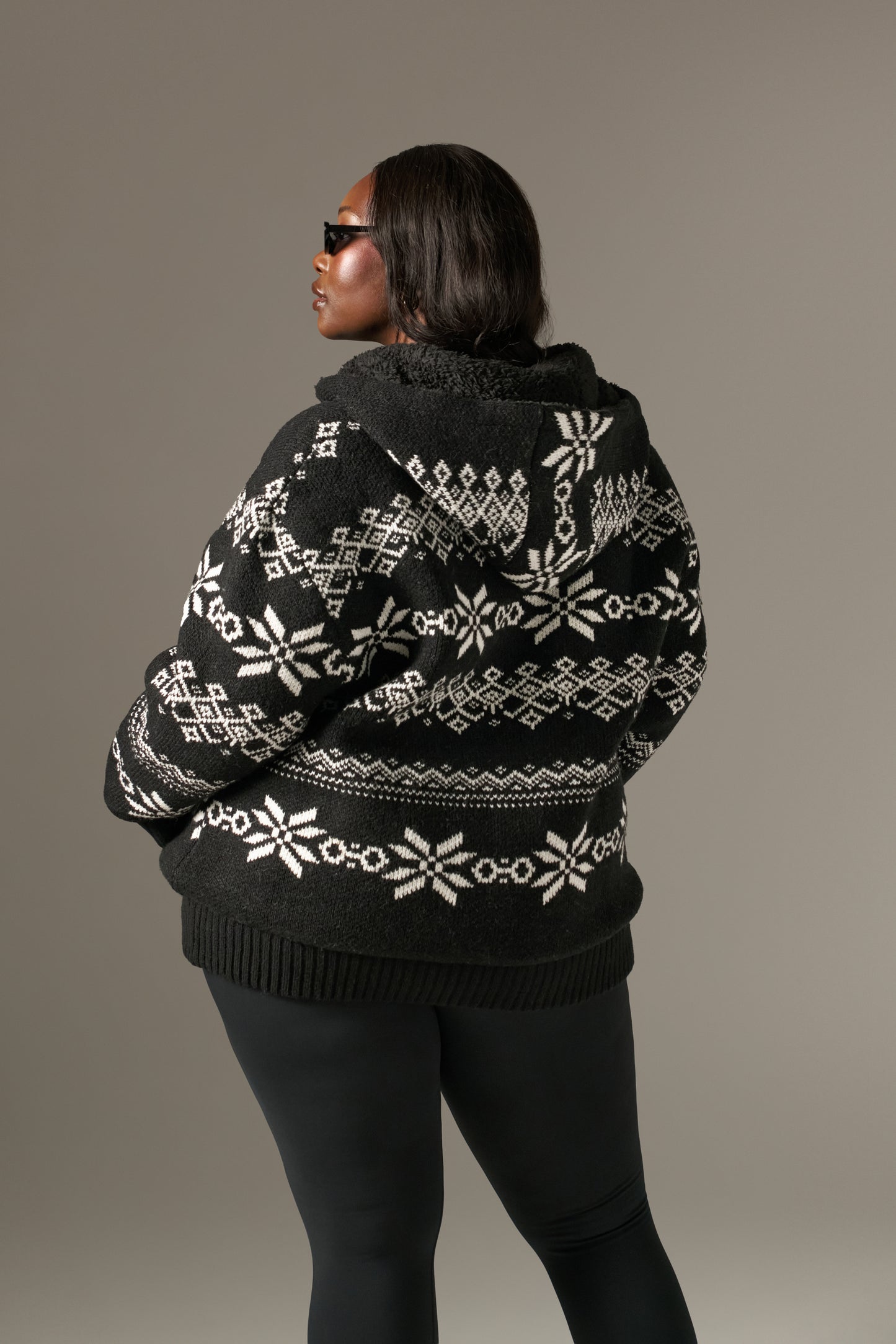 Fair Isle Reversible Zip Through Knitted Hoodie - Core Black