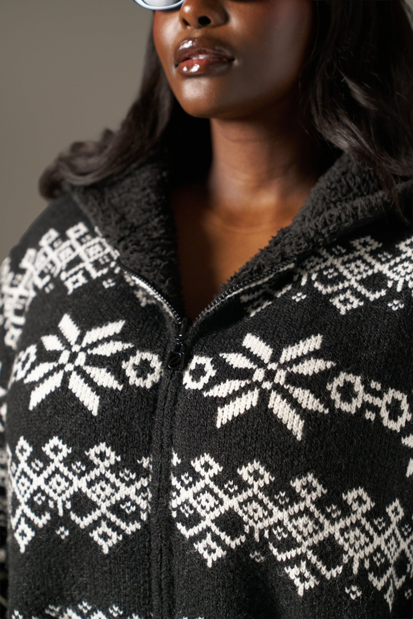 Fair Isle Reversible Zip Through Knitted Hoodie - Core Black