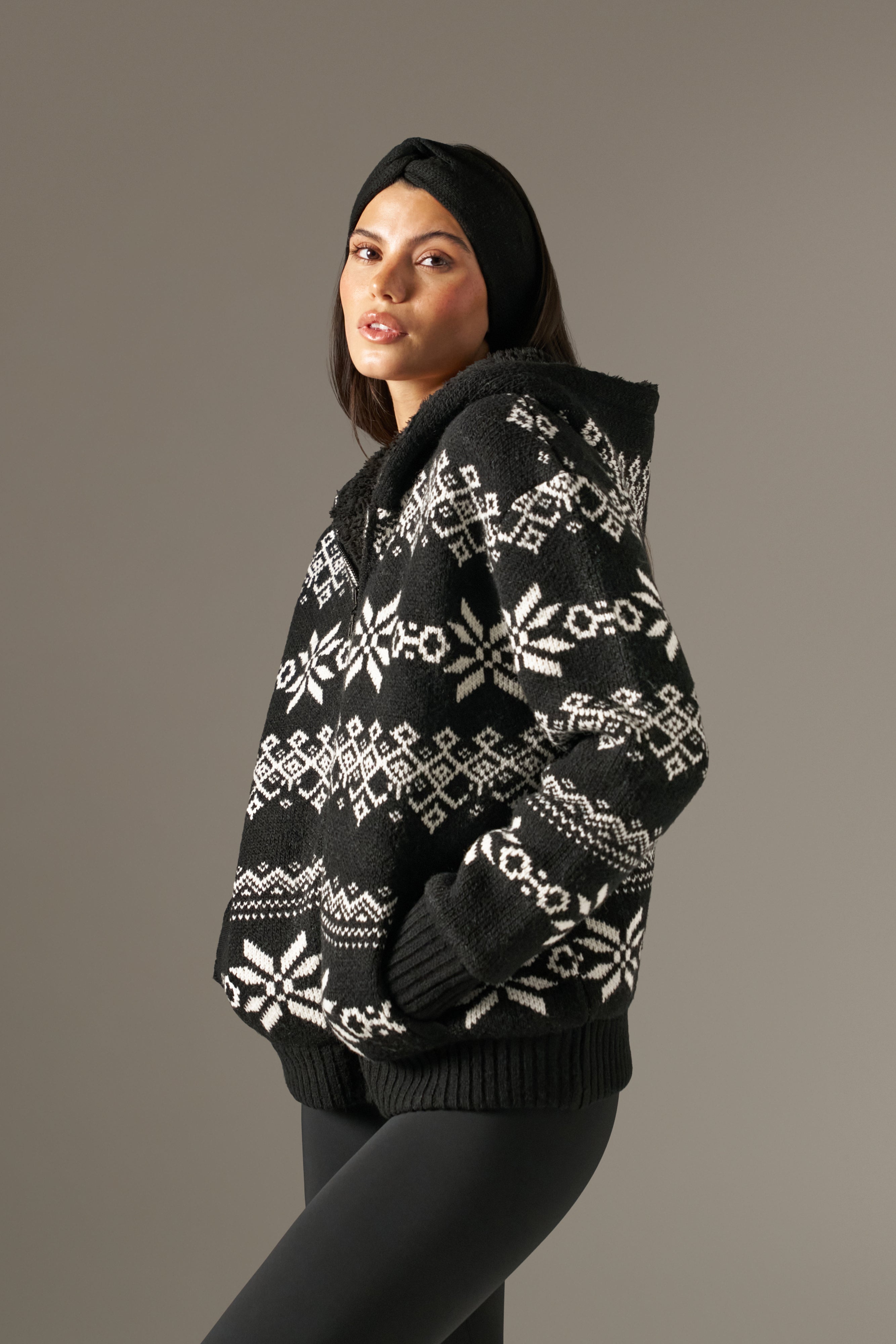 Fairisle Reversible Zip Through Knitted Hoodie - Core Black – reasn
