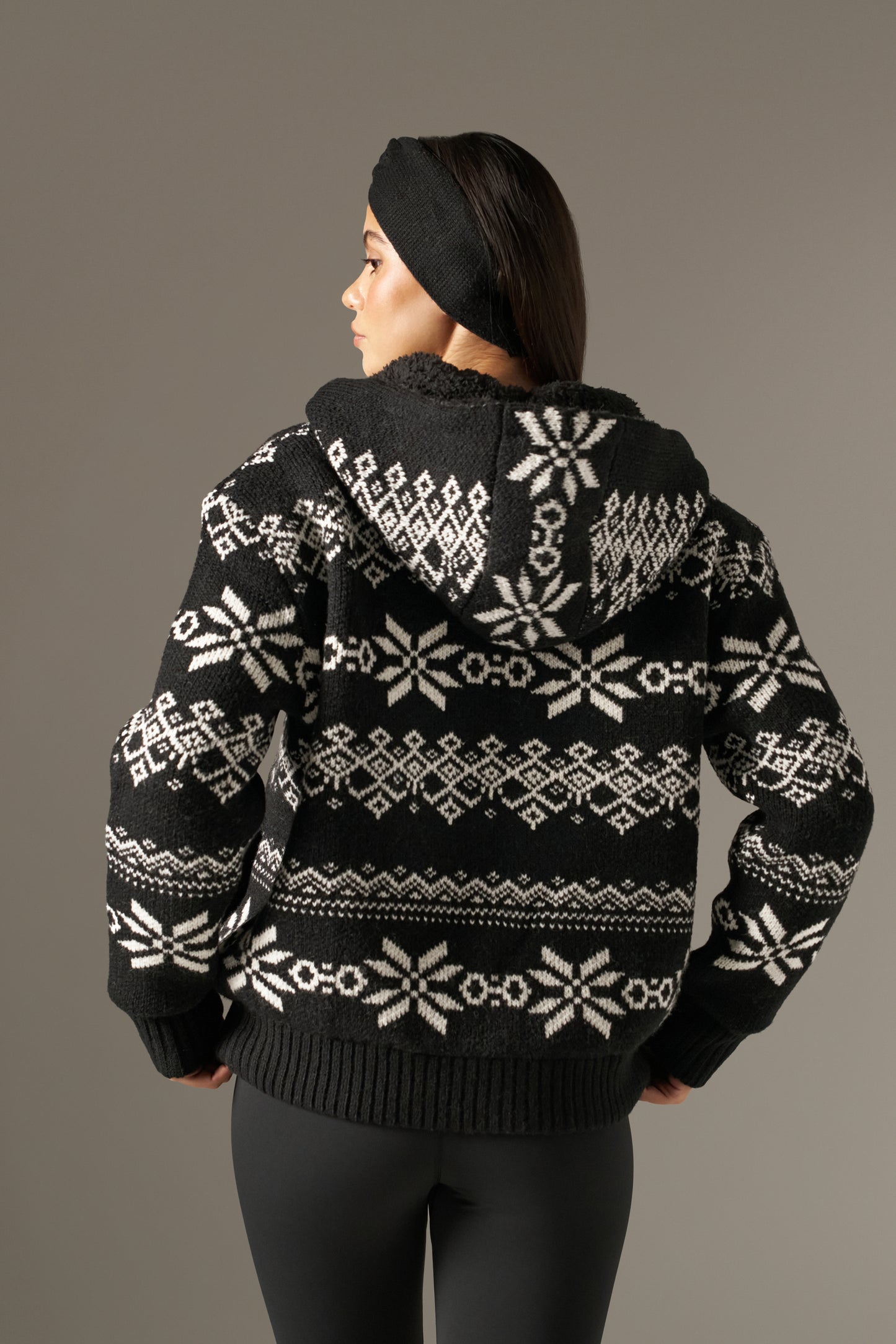 Fair Isle Reversible Zip Through Knitted Hoodie - Core Black