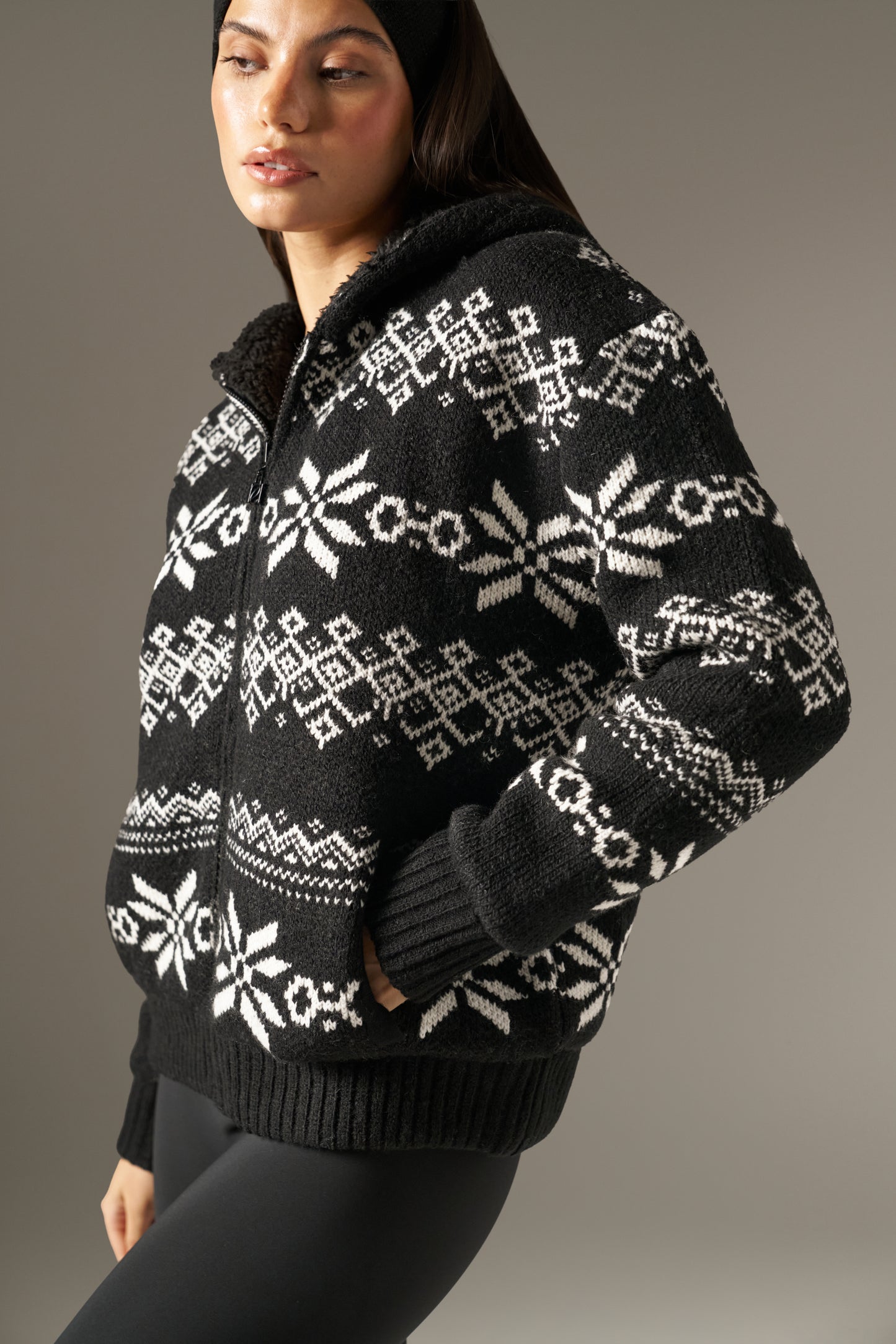 Fair Isle Reversible Zip Through Knitted Hoodie - Core Black