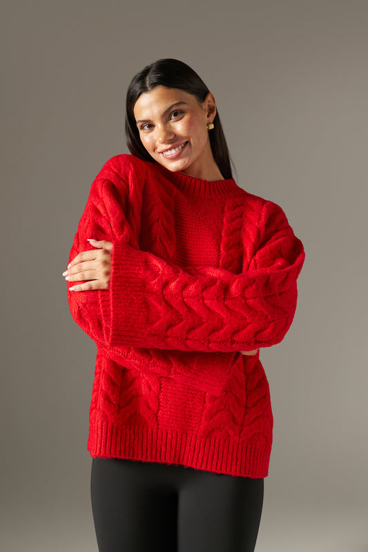 Chunky Cable Knitted Jumper - Ruby Red
