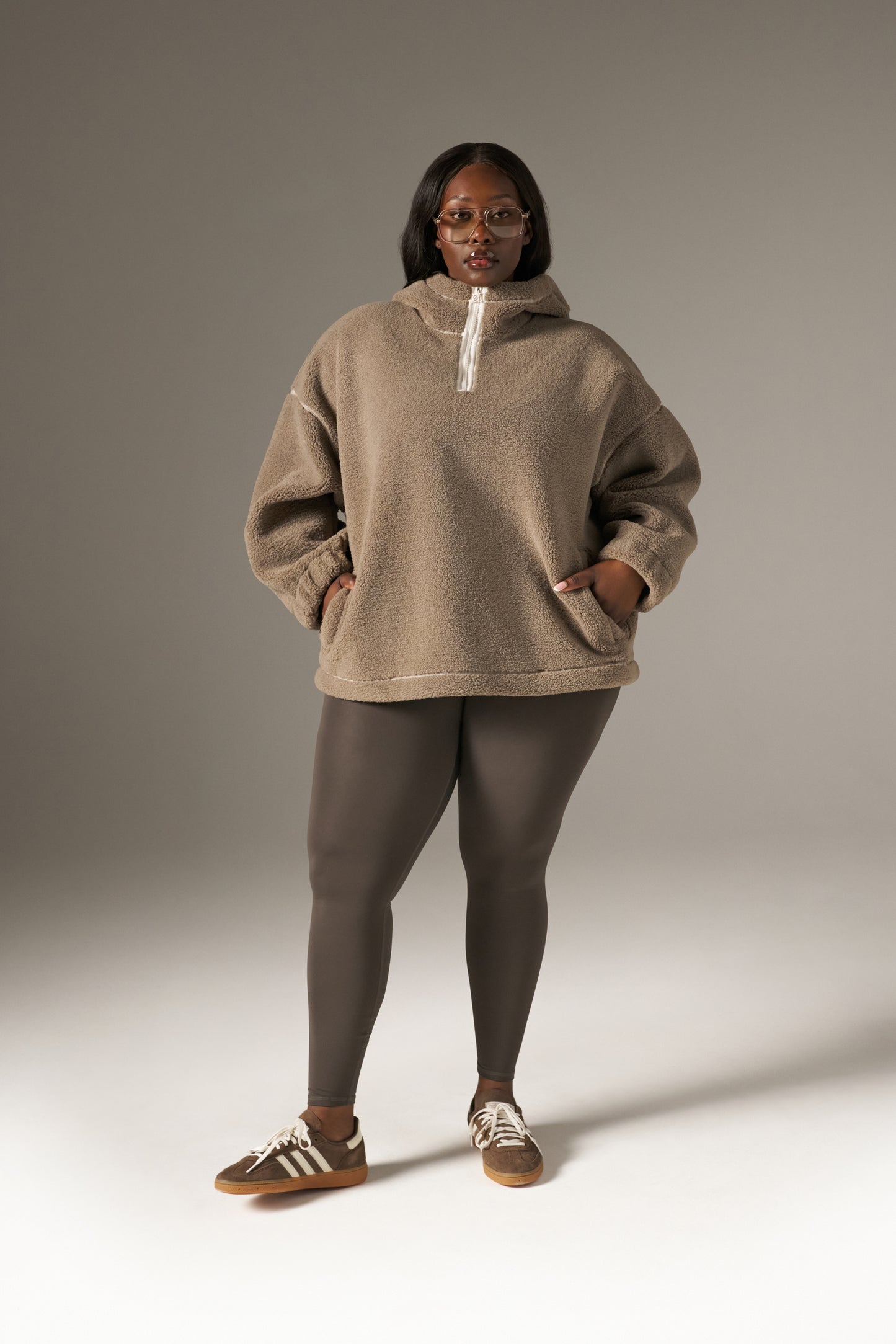 Oversized Quarter Zip Borg Hoodie - Latte