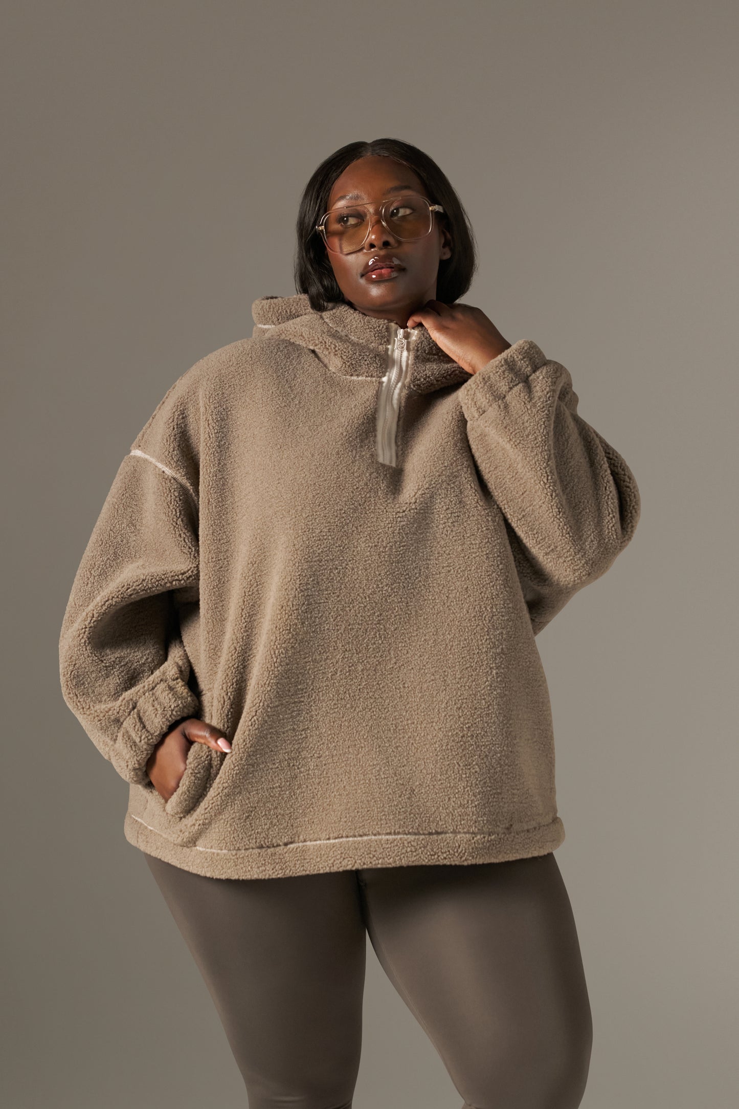 Oversized Quarter Zip Borg Hoodie - Latte