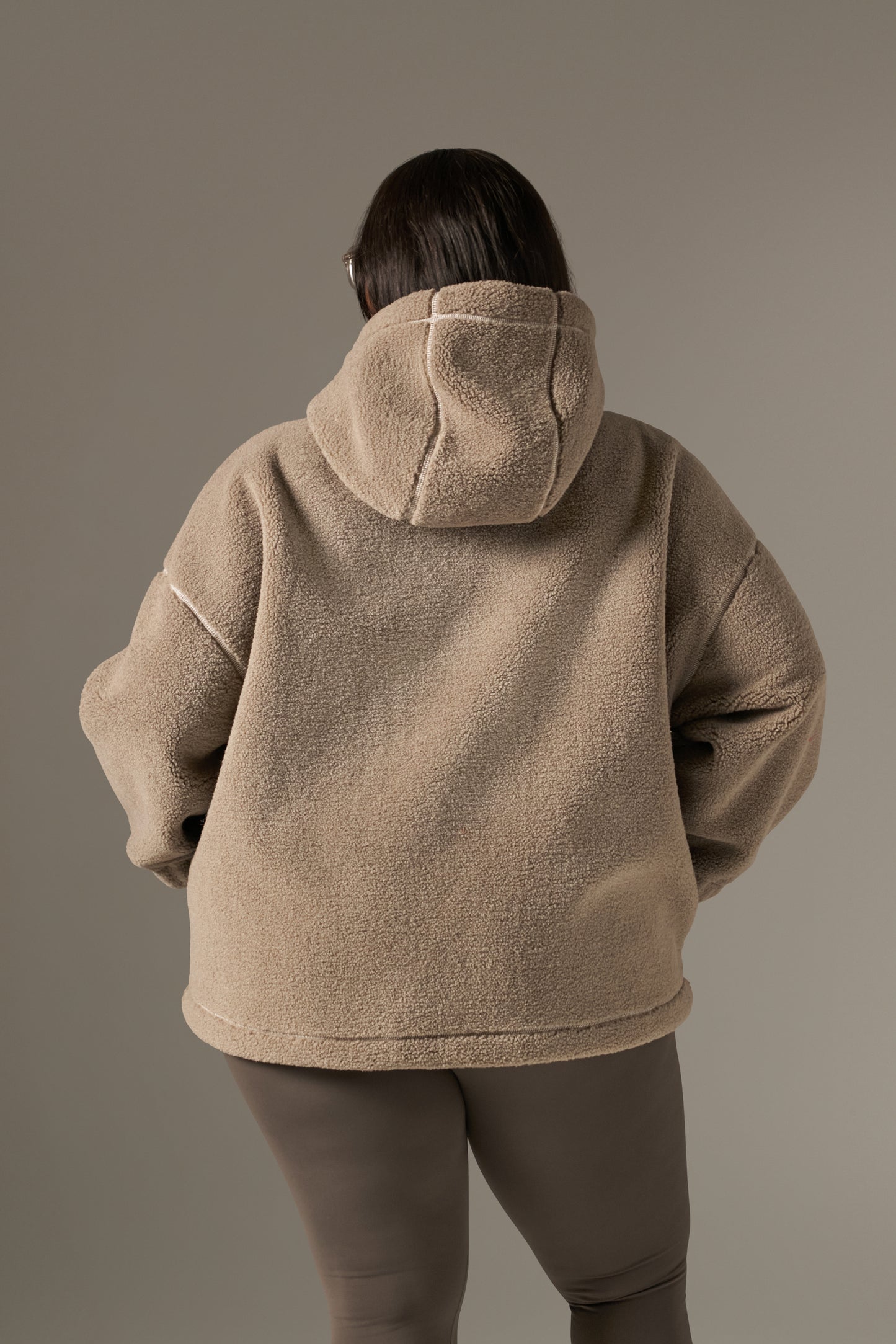 Oversized Quarter Zip Borg Hoodie - Latte